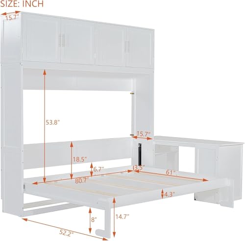 Virubi Queen Horizontal Murphy Bed with Desk and Storage Cabinets,Wood Murphy Wall Bed Queen Size Fold Up Bed Adult Murphy Bed Cabinet Queen Hideaway Bed for Guest Room Living Room Bedroom (White) Virubi