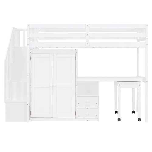 Merax Kids Twin Multifunction Loft Bed with Desk/Wardrobe, Wood Storage Loft Bed with Staircase, Bookshelf & Drawers, No Box Spring Needed, Space Saving, White Merax