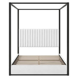 RuiSiSi Queen Size Canopy Bed with Upholstered Headboard, Metal 4-Poster Canopy Bed, Low Profile Platform Bed Frame for Teens, Adults, No Box Spring Needed, Black