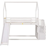 Twin Over Twin House Bunk Bed Frames with Slide and Storage Staircase, No Box Spring Needed, White Merax