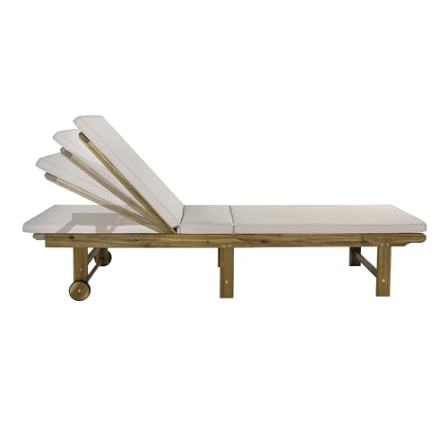 JONATHAN Y LNG1102A Mallorca 77.17"x23.62" Modern Classic Foldable Adjustable Wood Chaise Outdoor Lounge Chair with Cushion & Wheels, for Pool, Deck, Poolside, Beige/Natural