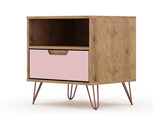 Manhattan Comfort Rockefeller Nightstand with Drawer and Cubby, Mid Century Modern Bedside Table, Minimalist Display and Storage Organizer, Ideal for Bedroom and Living Room, Nature/Rose Pink Manhattan Comfort