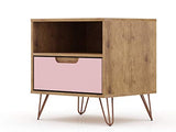 Manhattan Comfort Rockefeller Nightstand with Drawer and Cubby, Mid Century Modern Bedside Table, Minimalist Display and Storage Organizer, Ideal for Bedroom and Living Room, Nature/Rose Pink Manhattan Comfort