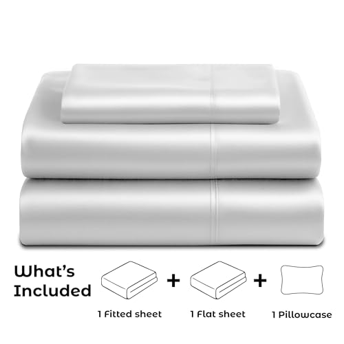 Pure Bedding Satin Sheets Twin [3-Piece, White] Hotel Luxury Silky Bed Sheets - Extra Soft 1800 Microfiber Sheet Set, Wrinkle, Fade, Deep Pocket Fitted Sheet, Flat Sheet, Pillow Cases Pure Bedding