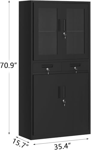 PioneerWorks 71" Black Metal Storage Cabinet w/Glass Doors | 2 Drawers + 2 Adjustable Shelves, Lock Feature | for Garage, Home Office Organization PioneerWorks