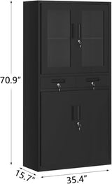 PioneerWorks 71" Black Metal Storage Cabinet w/Glass Doors | 2 Drawers + 2 Adjustable Shelves, Lock Feature | for Garage, Home Office Organization PioneerWorks