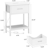Vagusicc White Nightstand with Charging Station, End Table with Fabric Drawer, Small Side Table with 2-Tier Storage Shelves, 25.4" Tall Bedside Table, White Night Stand for Bedroom, Living Room, Dorm Vagusicc