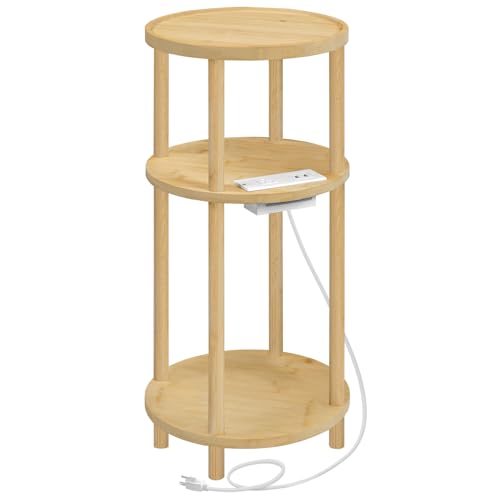 HOOBRO Small Round Side Table with Charging Station, 3-Tier Round Bamboo End Table, Compact Sofa Bedside Table for Small Space, Easy Assembly, for Living Room, Bedroom, Apartment, Natural YL152UBZ01 HOOBRO