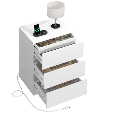 Draelibor Nightstand, 4 Drawers, 26" H with Hidden Drawer, Bedside Table with Charging Station, Modern Night Stand for Bedroom, White Draelibor