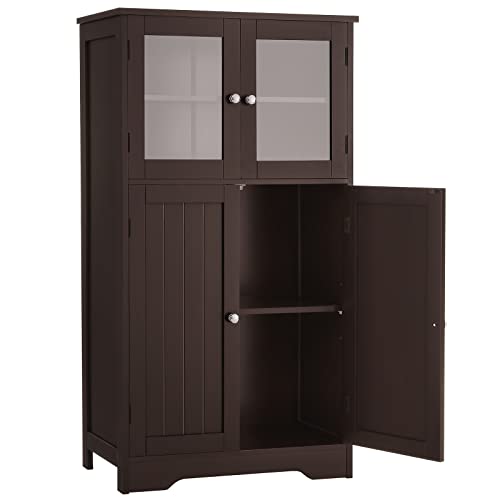 Iwell Bathroom Cabinet, Storage Cabinet with Glass Doors & Adjustble Shelf, Bathroom Floor Cabinet, Cupboard for Living Room, Home Office, Enterway, Brown