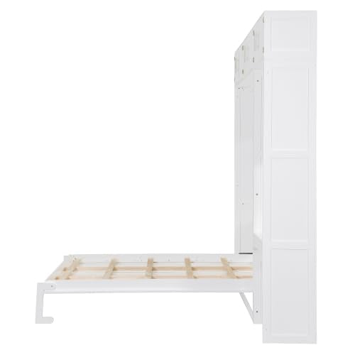 Harper & Bright Designs Queen Size Murphy Bed with Desk, Storage Cabinet & Shelves, Foldable Wooden Wall Bed, Space-Saving, White Harper & Bright Designs