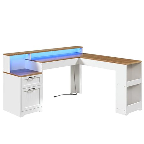 STHYTON Farmhouse 63" L Shaped Standing Desk, Corner Computer Desk with Drawers, Office Desk with File Drawers with RGB Lighting & Charging Station, Monitor Stand and Storage Shelves, White and Walnut STHYTON
