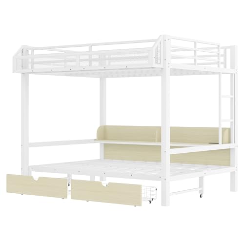 Bellemave Queen Over Queen Bunk Bed Frame with Storage Shelves & Drawers, Metal Bunk Bed Queen Over Queen with Charging Station & LED Lights, Space-Saving Beds Frame Convertible to Sofa Design, White Bellemave