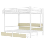 Bellemave Queen Over Queen Bunk Bed Frame with Storage Shelves & Drawers, Metal Bunk Bed Queen Over Queen with Charging Station & LED Lights, Space-Saving Beds Frame Convertible to Sofa Design, White Bellemave