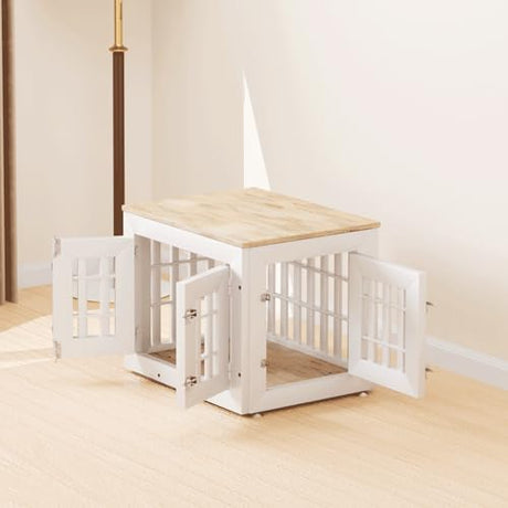 Snuowu 26" Heavy Duty Dog Crate Furniture for Small,Medium and Large Dogs,Rustic Wooden Dog Cage Kennel Indoor Furniture with Waterproof Top,Decorative Pet House Side End Table (White & Wood) Snuowu