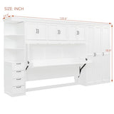 Ball & Cast Twin Size Murphy Bed with Wardrobe and 3 Top Cabinet,Wood Hideaway Wall Beds w/Desk & Storage Drawers,Dual-Piston Metal Folding System Cabinets,can be Folded,for Small Room,White Ball & Cast