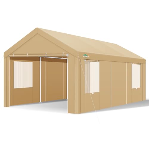 COBIZI Carport Canopy 12x20 Heavy Duty Portable Garage with Removable Sidewalls & Doors, Car Port Canopy Tent with Built-in Sandbags & All-Season Tarp for Car Boat Truck, Khaki COBIZI