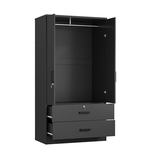 Woodpeckers Furniture And Mattress 2-Door Closet with 2-Drawers (Black) Woodpeckers Furniture And Mattress