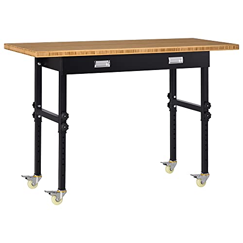HOMCOM 59" Work Bench with Drawer, Height Adjustable Legs, Bamboo Tabletop Workstation Tool Table on Wheels for Garage, Weight Capacity 1320 Lbs, HOMCOM