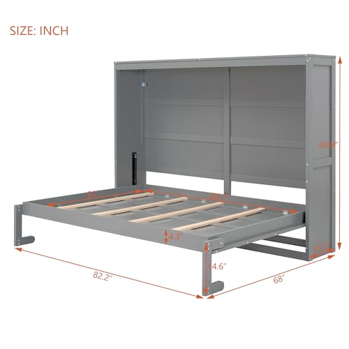 MERITLINE Queen Horizontal Murphy Chest Bed,Wood Folding Grey Murphy Chest Bed Cabinet for Adults No Box Spring Needed MERITLINE