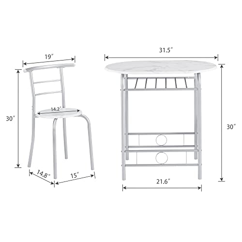 VECELO 3-Piece White & Silver Dining Table Set with Built-in Wine Rack for Small Spaces - WoodArtSupply