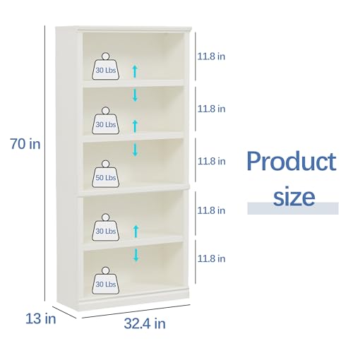 5-Shelf Tall Bookcase in White – Spacious Wooden Bookshelves for Home Office, Living Room, and Bedroom blini