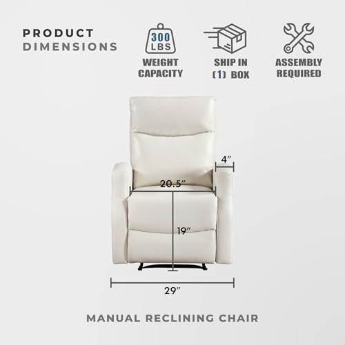 Lexicon Manual Recliner Chair, Wall Hugger Reclining Chair, Faux Leather Nursery Recliner, Tab Pull Reclining, Magazine Pocket, for Living Room/Theater Seating/Apartment, Easy Assembly, Beige