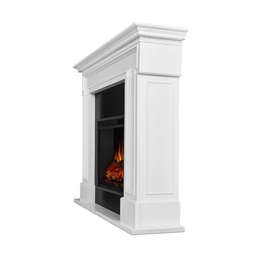 Real Flame Thayer 55” Electric Fireplace with Mantel for Living Room or Bedroom, Replaceable Fireplace Insert Heater, Realistic Log and Flame Effect, Remote Control, Timer, White Real Flame