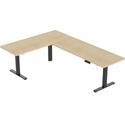 VIVO Electric Height Adjustable 83 x 60 inch Corner Stand Up Desk, 2 Light Wood Solid Table Tops, Black Frame, Memory Controller, L-Shaped Workstation, 3E Series, DESK-KIT-3E8BC VIVO