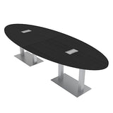 8 Person Conference Table with Power and Data | Brushed Silver Metal Bases | Harmony Series Modular Oval Meeting Table | Scratch-Resistant Thermally-Fused Laminate | Black Cypress - 10Ft SKUTCHI DESIGNS INC.