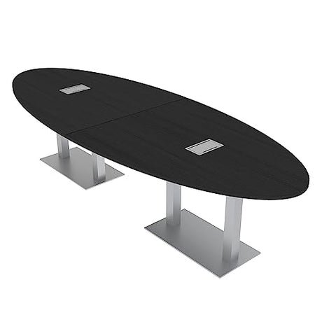 8 Person Conference Table with Power and Data | Brushed Silver Metal Bases | Harmony Series Modular Oval Meeting Table | Scratch-Resistant Thermally-Fused Laminate | Black Cypress - 10Ft SKUTCHI DESIGNS INC.
