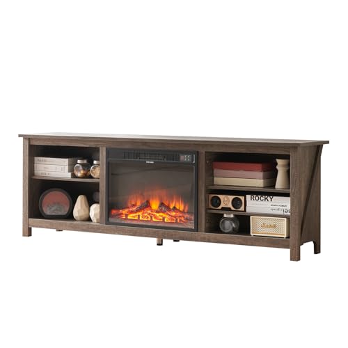 AMERLIFE Fireplace TV Stand, Wood Texture Entertainment Center with 23" Electric Fireplace, Farmhouse Entertainment Stand Media TV Console for TVs Up to 80", 70 inches, Rustic Grey AMERLIFE