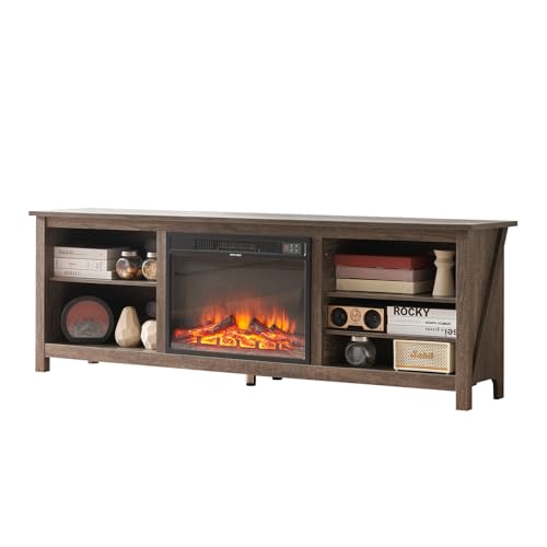 AMERLIFE Fireplace TV Stand, Wood Texture Entertainment Center with 23" Electric Fireplace, Farmhouse Entertainment Stand Media TV Console for TVs Up to 80", 70 inches, Rustic Grey