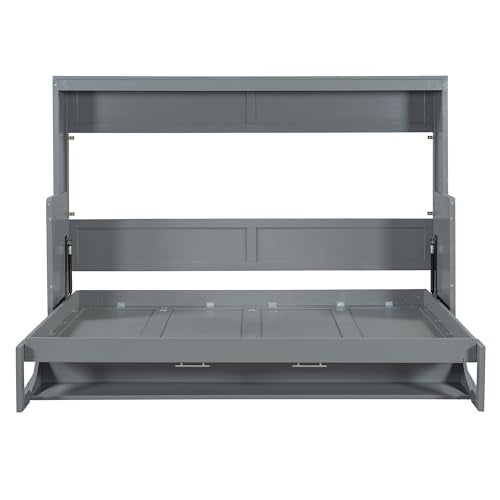 Merax Murphy Bed Full Size with Desk, Wood Folding Wall Bedframe with Smooth Hydraulic Lift, for Small Bedroom, Guest Room, Home Office, Grey Merax