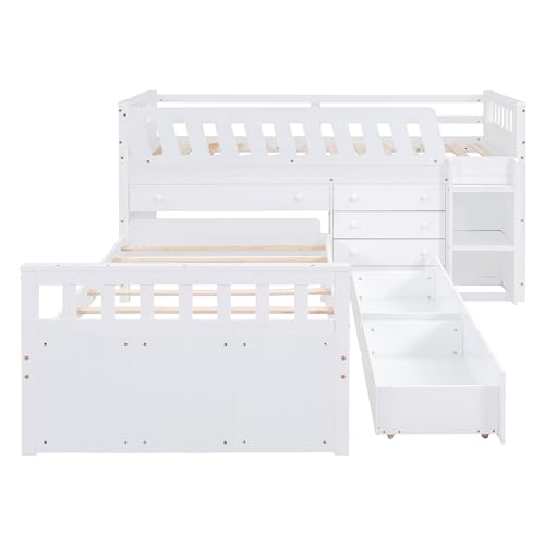 Ball & Cast L-Shaped Space-Saving Twin Low Loft with Platform Bed,Bunk Bedframe W/Full Safty Guardrails & 7 Drawers,Sturdy Construction,Easy Assembly,Functional Bedroom Set for Boy Girl Keens,White Ball & Cast