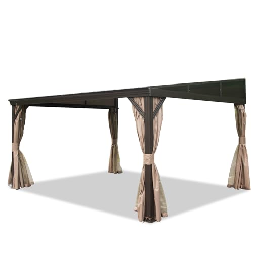 DOMI 12x14FT Lean to Gazebo, Outdoor Hardtop Wall Mounted Gazebo with Sloping Galvanized Steel Roof, Durable Aluminum Frame, Netting Curtain for Deck, Porch, Backyard domi outdoor living