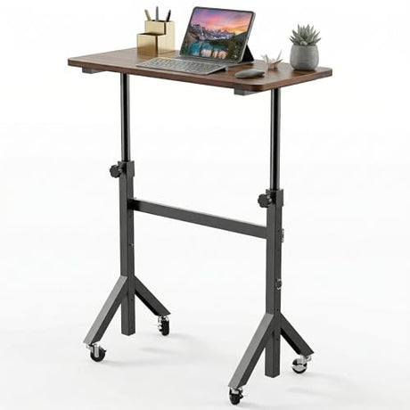 HUANUO 32'' Small Standing Desk with Wheels,28.7"-46.1" Heigh Adjustable Portable Rolling Desks,Mobile Stand Up Desk for Walking Pad and Treadmill,Sit to Stand Computer Workstation for Bedroom,Walnut HUANUO