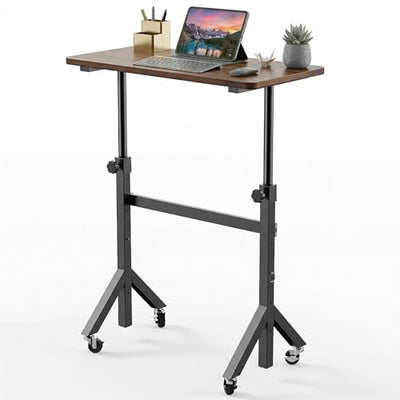 HUANUO 32'' Small Standing Desk with Wheels,28.7"-46.1" Heigh Adjustable Portable Rolling Desks,Mobile Stand Up Desk for Walking Pad and Treadmill,Sit to Stand Computer Workstation for Bedroom,Walnut