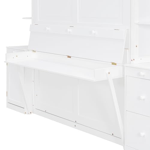 Bekeknlny Modern Queen Murphy Bed with Desk, Storage Shelves and Cabinets, Hidden Wall Bed for Space-Saving Home Office (White/H10) Bekeknlny