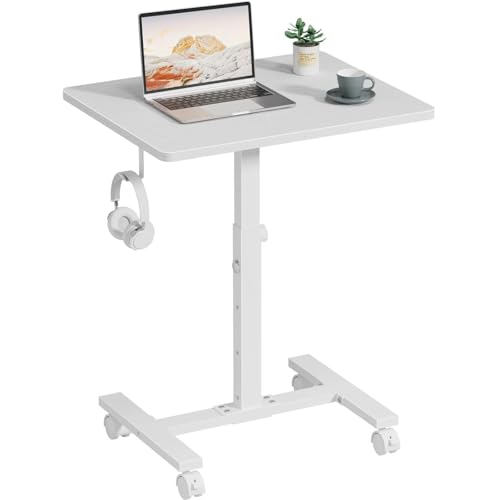 WINAZ Small White Standing Rolling Desk - 24 Inch Portable Mobile Stand Up Kids Desk Adjustable Height with Wheels for Small Spaces, Couch Laptop Desks Side End Table for Home Office, White WINAZ
