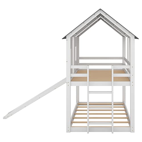 Merax Twin-Over-Twin Wooden House Bunk Bed with Slide, Windows, Ladder and Guardrails, Twin Size White House Bunk Bed Merax
