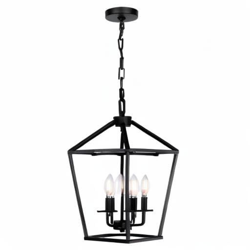 4 Light Chandelier, Industrial Ceiling Light Black Lantern Light Fixtures with Farmhouse Metal Cage Adjustable Height Rustic Geometric Hanging Light E12 Base for Kitchen Island, Entryway, Indoor Seaside village