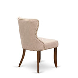 Luxe by East West Furniture NKSI9-AWA-04 9-Piece Dining Table Set Consists of a Dining Table and 8 Light Tan Linen Fabric Kitchen Chairs with Button Tufted Back - Antique Walnut Finish Luxe by East West Furniture