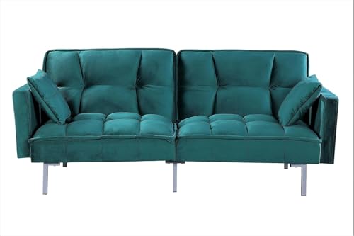 Container Furniture Direct Regal 75.6" Velvet Convertible Sofa Bed - Mid-Century Sleeper Couch w/Tufted Design & Metal Legs - Pull-Out Futon for Guests/Home (75.6" W x 34.6" D x 32" H), Blue Container Furniture Direct