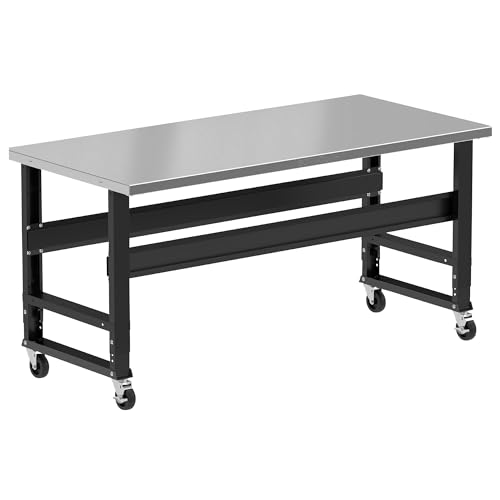 Borroughs® 72" Rolling Adjustable Workbench, 12-Gauge Stainless Steel Top Heavy-Duty Workstation, 1000 LBS Load Capacity Worktable for Workshop, Borroughs