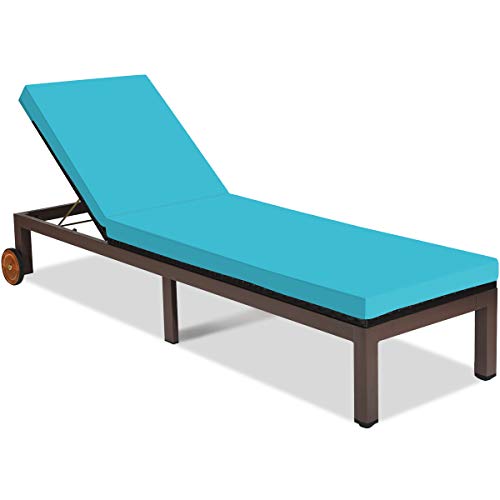 Tangkula Patio Chaise Lounge Chair, Outdoor Rattan Lounger Recliner Chair with Wheels, Wicker Chaise Chair W/Cushioned Seating, Recliner 5-Position Adjustable for Garden Patio Poolside (1, Turquoise)