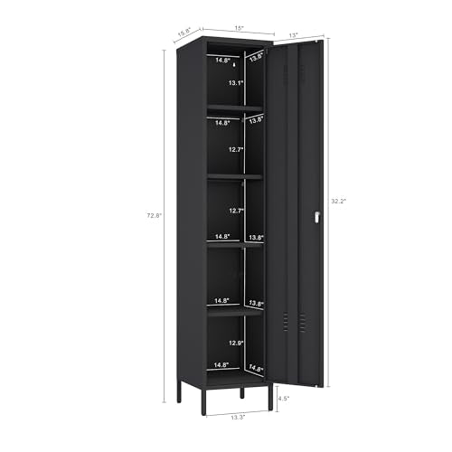 Manhattan Comfort Naomi 72.8'' Tall Storage Cabinet, Single Metal Locker with Lock, Adjustable Shelves, Vented Door & Floor Protectors, Modern Garage & Office Organizer, Black Manhattan Comfort