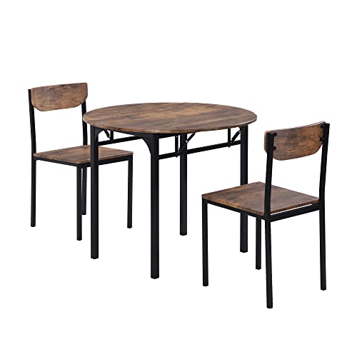 P PURLOVE 3 Piece Drop Leaf Dining Table Set,Solid Wood Kitchen Table and Chair Set of 2,Farmhouse Round Table and 2 Chairs for Small Places,Apartment,Kitchen P PURLOVE