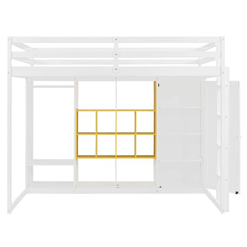 Merax Full Size Wood Loft Bed with Wardrobe & Shelves & Cabinet, Space-Saving Multi-Storage Bed Frame with Staircase, Bear 600lbs, White+Yellow Merax