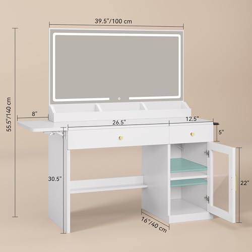 YITAHOME Vanity Desk with Mirror and Lights, RGB Cabinet, Extral Foldable Desk, Makeup Desk with Large Mirror and Power Outlets, Vanity Table Set Bedroom, Dressing Room, White YITAHOME